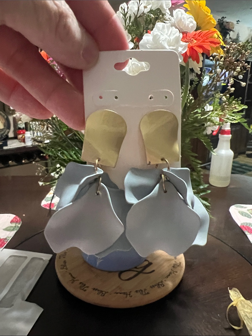 New Light Gray  Petal Drop Earrings with Gold Accents
